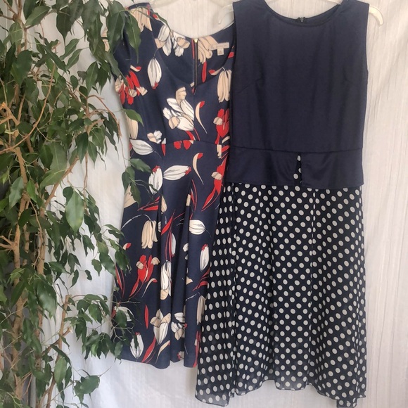 DRESS BARN 50s style Sz M floral & unbranded navy white peplum polka dot dresses - Picture 1 of 16